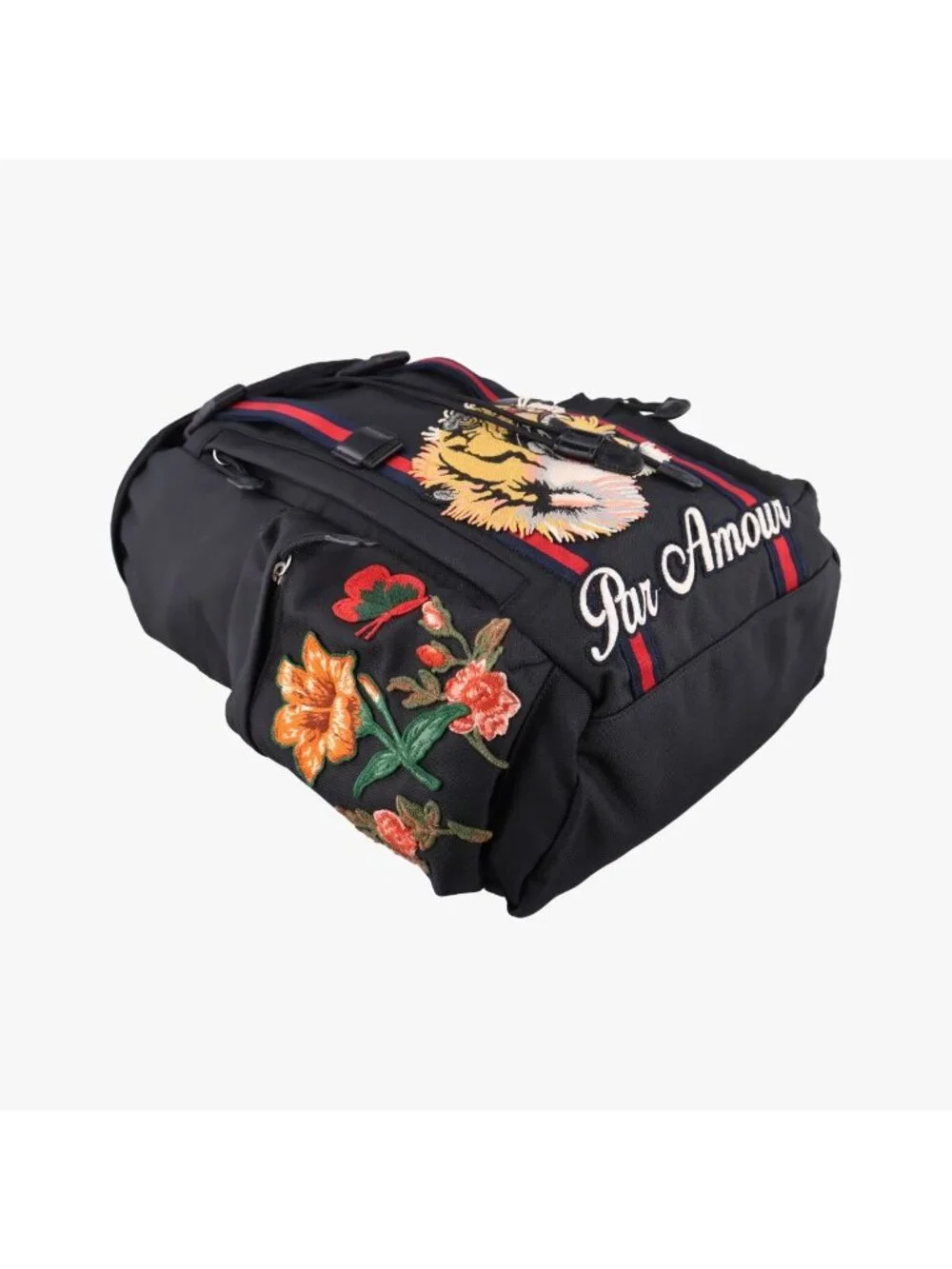 Gucci Sherry Line Embroidered Tiger Black Multicolor Canvas Backpack